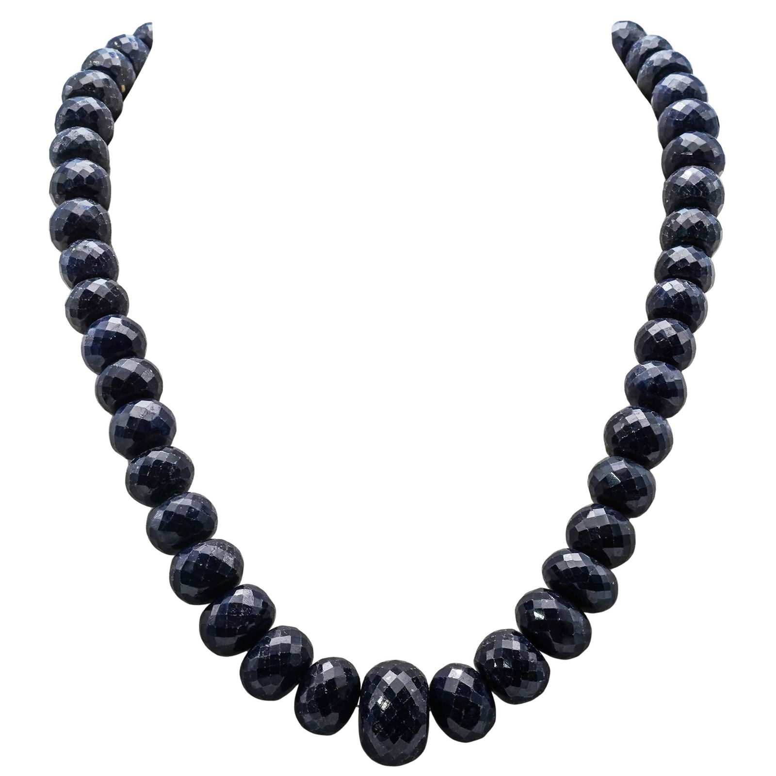Beaded Sodalite Necklace: Beaded Sodalite Necklace20th Century, ContinentalBeaded necklace, featuring a graduated strand of faceted sodalite beads, finishing with a silver toned toggle clasp.L: 18" (Largest Bead) 11.7 mm x 17.
