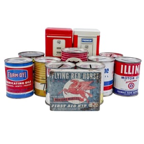 (12 Pc) 1950s Oil Tin Can Coin Banks