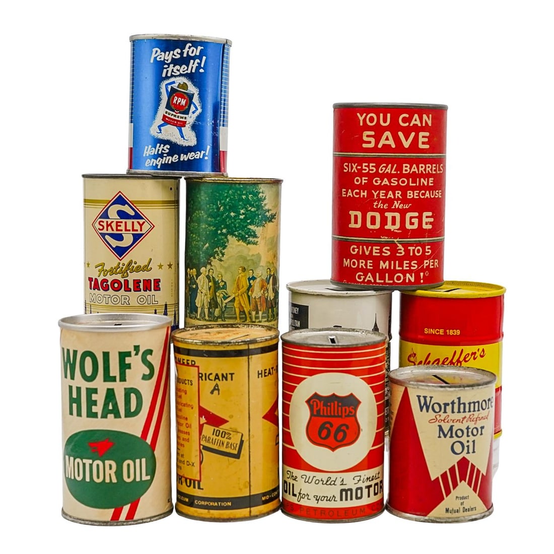 (10 Pc) Vintage Oil and Gas Tin Can Coin Banks (1 of 6)