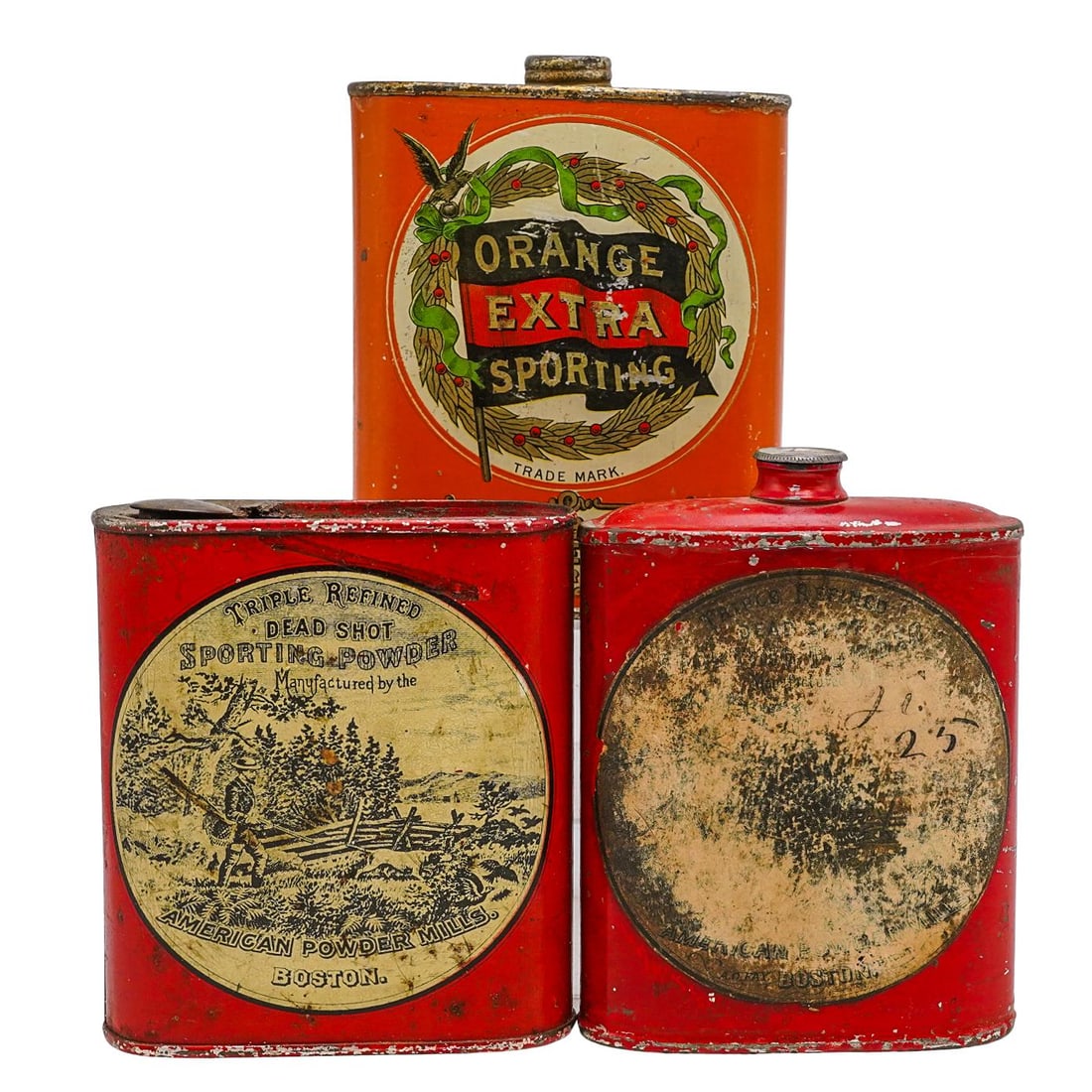 (3 Pc) Antique Gun Powder Tins: (3 Pc) Antique Gun Powder Tins Early 20th c., USA Three vintage metal gun powder tins including Orange Extra Sporting Powder, and American Powder Mills Dead Shot. Provenance: Private Pennsylvanian Est
