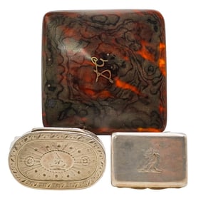(3 Pc) English Sterling Nutmeg Grinders and Tortoise Hued Box