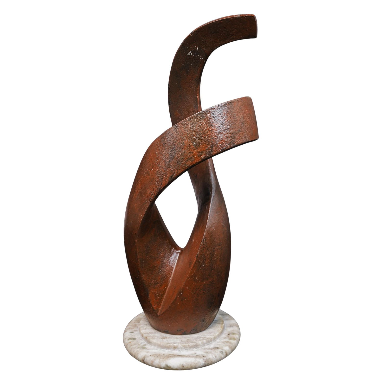 Cast Metal Spiral Sculpture on Marble Base: Cast Metal Spiral Sculpture on Marble Base20th century, ContinentalThe bronze sculpture is characterized by fluid lines and a twisting form. The bronze has a dark finish and is mounted on a marble bas