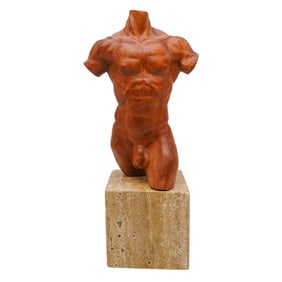 Carved Wooden Male Torso on Stone Base
