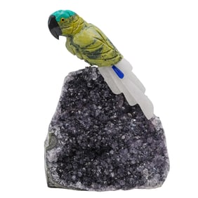 Semi-Precious Carved Parrot on Amethyst Base