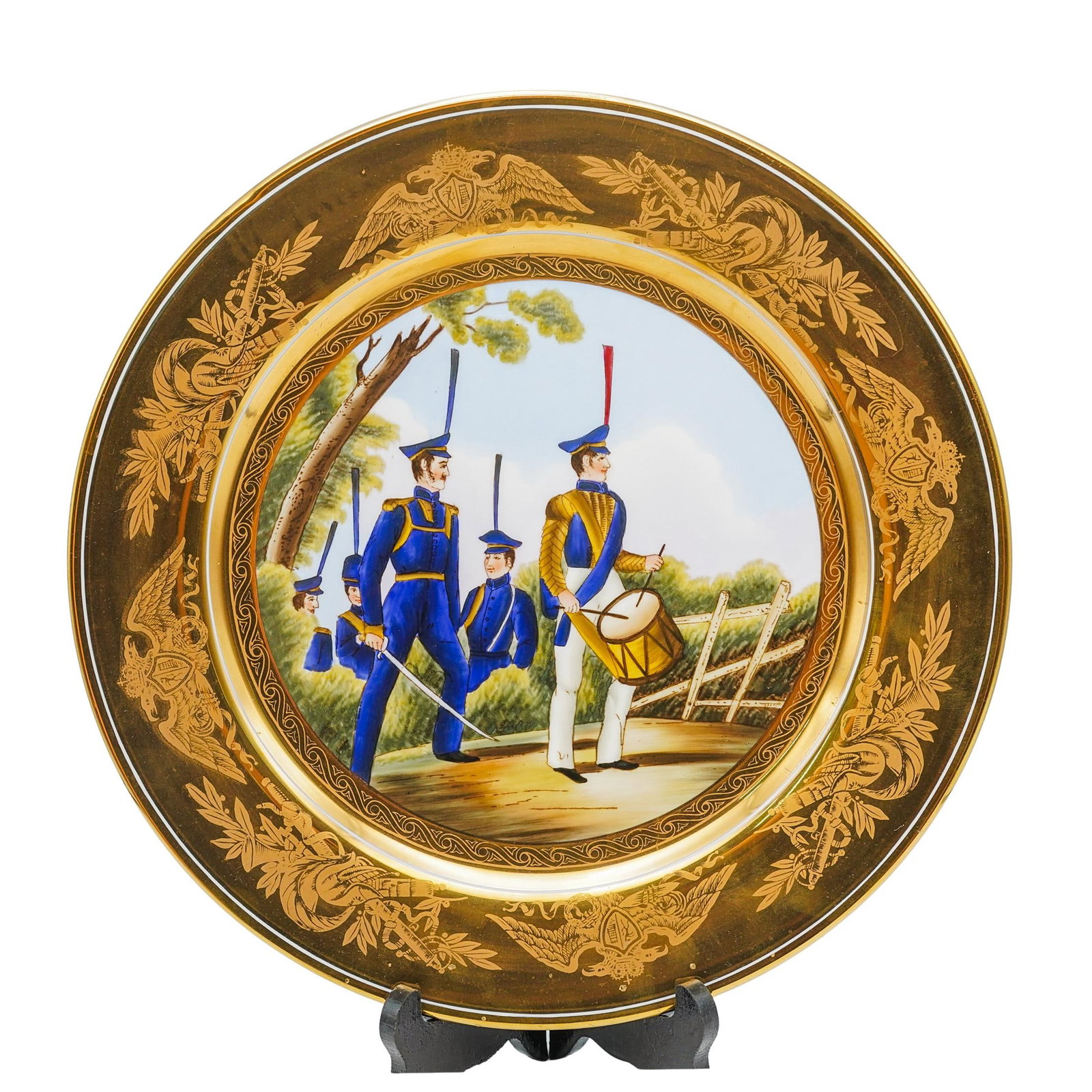 Meissen Hand Painted Military Porcelain Plate: Meissen Hand Painted Military Porcelain Plate 20th Century, Germany This Meissen Hand-Painted Military Porcelain Plate features a detailed scene of 19th-century infantry soldiers, including a drummer 