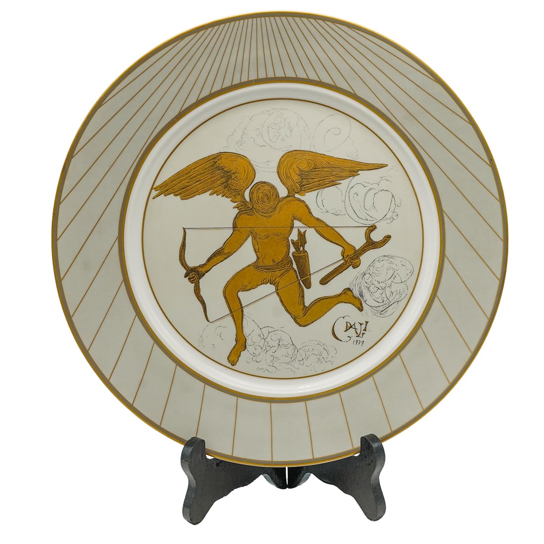 Salvador Dali Style Glazed Ceramic And Gold Porcelain Plate: Salvador Dali Style Glazed Ceramic And Gold Porcelain Plate 20th Century, Europe This Salvador Dalí Style Glazed Ceramic and Gold Porcelain Plate features a dynamic, surrealist depiction of a winged 