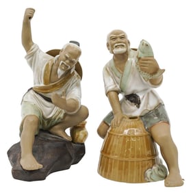 Pair of Chinese Mudmen Fishing Figurines