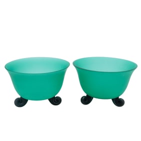 Pair of Chinese Frosted Green Art Glass Bowls