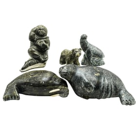 (5 Pcs) Inuit Hand Carved Soapstone Figurines, Signed