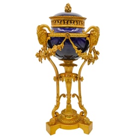 French Patinated Bronze and Cobalt Porcelain Urn