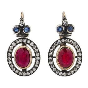 Faberge Era 14k Gold Diamond Sapphire and Ruby Earrings