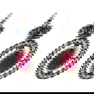 Faberge Era 14k Gold Diamond Sapphire and Ruby Earrings: Faberge Era 14k Gold Diamond Sapphire and Ruby Earrings1900s, RussiaImperial style Faberge era 14k gold earrings, each earring centers a faceted, oval cut ruby bezel set in yellow gold, surrounded by