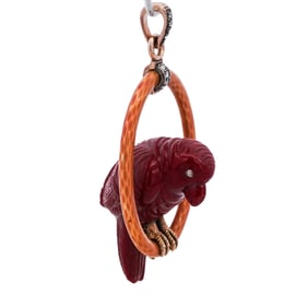 Faberge 14k Rose Gold Diamond Enamel and Purpurin Parrot Pendant