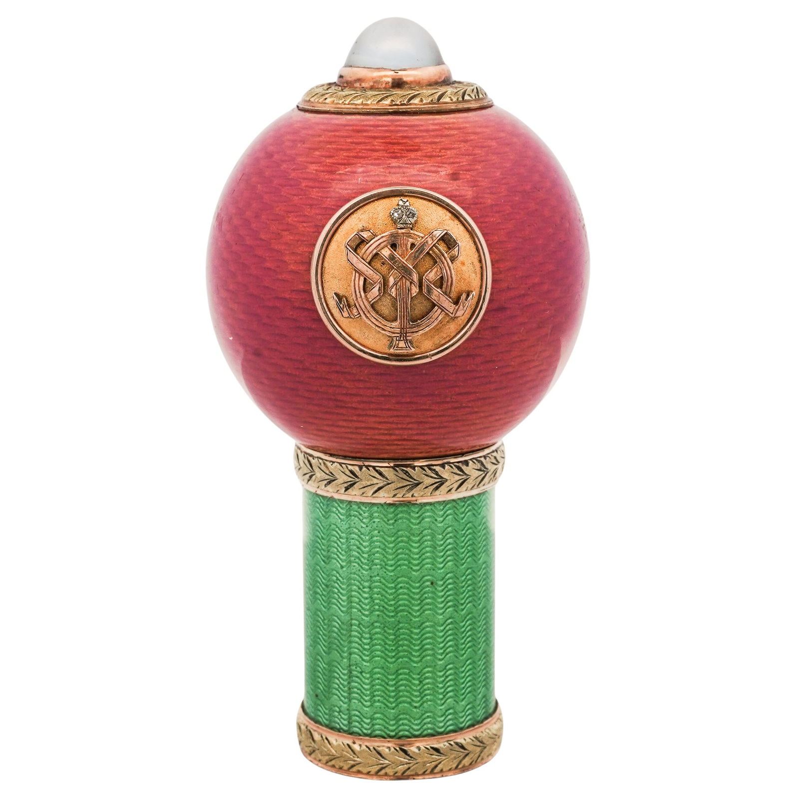 Antique Faberge 14k Rose Gold and Enamel Parasol Handle: Antique Faberge 14k Rose Gold and Enamel Parasol HandleLate 18th to Early 19th Century, RussiaAntique Imperial Faberge parasol handle, the spherical body covered in pink guilloche enamel, while the up