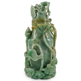 Antique Chinese Lidded Jadeite Lotus And Millet Vase