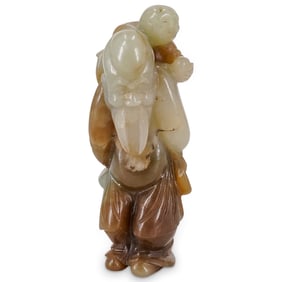 Chinese Carved Celadon Jade Grouping Of Shou Lao & Child