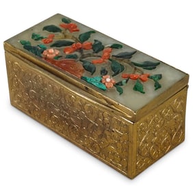 Antique Chinese Jade Inlaid Gilt Bronze Stamp Box