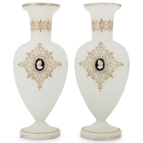 Antique Pair of French Cameo Opaline Glass Vases