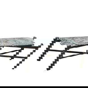 MCM Granite and Metal Accent Table: MCM Granite and Metal Accent TableMid 20th century, ContinentalMid century modern granite top and metal table. Green and black granite slab sitting on a metal frame and legs.H 16" W 17" L 46"