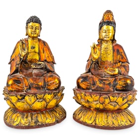 Pair Chinese Wooden Buddhist Sculptures