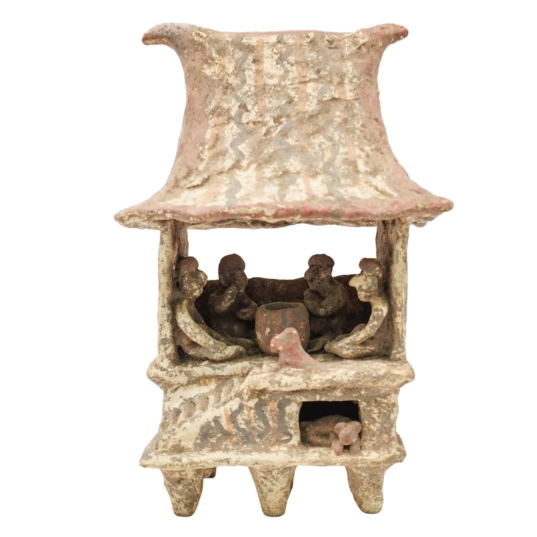Pre Columbian Architectural Pottery Sculpture: Pre Columbian Architectural Pottery SculpturePre Columbian Era, South AmericaPre Colombian architectural pottery sculpture crafted with six supporting studs, housing several figures and domesticated a