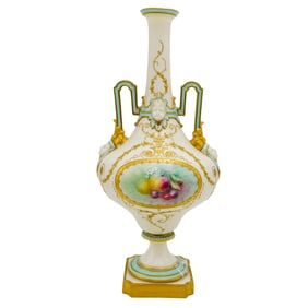 Antique Royal Worcester Reticulated Two Handled Bottle Face Vase