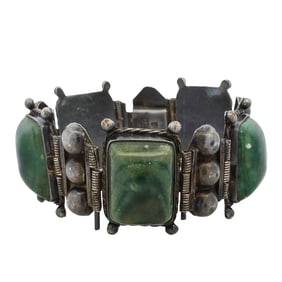 Signed Mexican Sterling Silver and Green Onyx Panel Bracelet