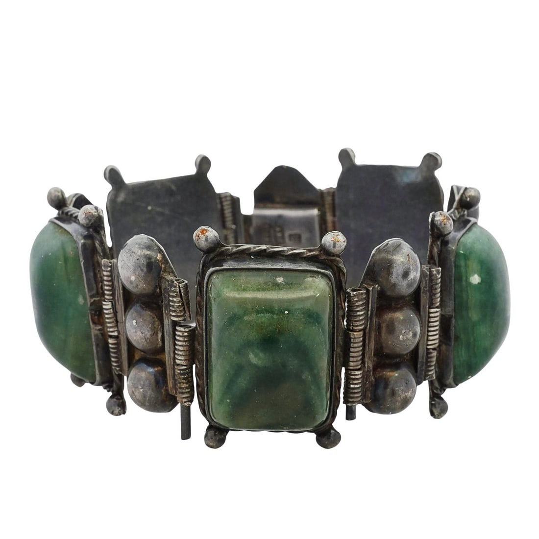 Signed Mexican Sterling Silver and Green Onyx Panel Bracelet (1 of 8)