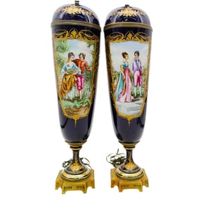 Pair of Sevres Tall Cobalt French Lamps