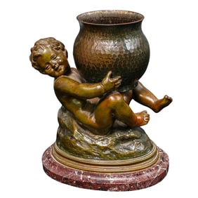 Georges Charles Coudray (1862-1932) Bronze Putti Holy Water Bowl Sculpture