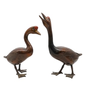 Pair Of Vintage Japanese Bronze Duck Sculptures