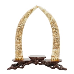 Chinese Carved Bone Tusks Statue