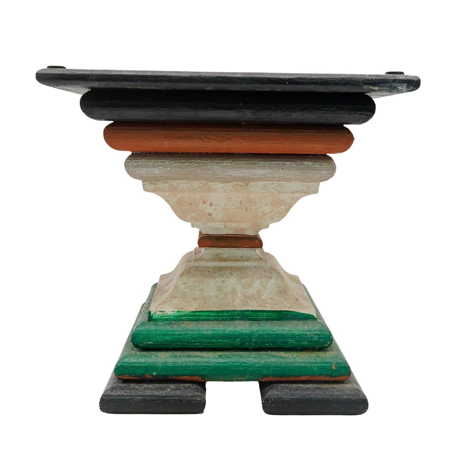 Antique Carved Wood Pedestal: Antique Carved Wood PedestalEuropeanAntique carved wood pedestal with graduating square form, and tapered waist, completed with multicolored lacquered finishes.(Part of The Collection of Count and Cou
