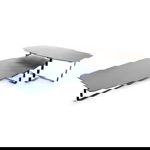 (2 Pc) Natuzzi Coffee Table Set: (2 Pc) Natuzzi Coffee Table Set21st Century, Italy(2 Pc) Natuzzi coffee table set, featuring two tables with a powder coated structure, one with wood top, and one with tempered 8mm Anthracite glass to