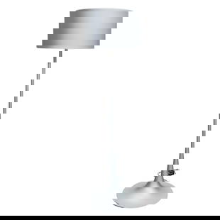 FLOS Spun Light Silver Floor Lamp: FLOS Spun Light Silver Floor Lamp21st Century, ItalyFLOS spun light floor lamp, featuring a large, cylindrical drum shade with a matte silver metallic finish resting seamlessly on the base with its fu
