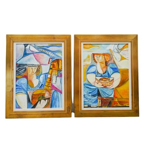Pair of Vintage Cubist Style Oil Paintings