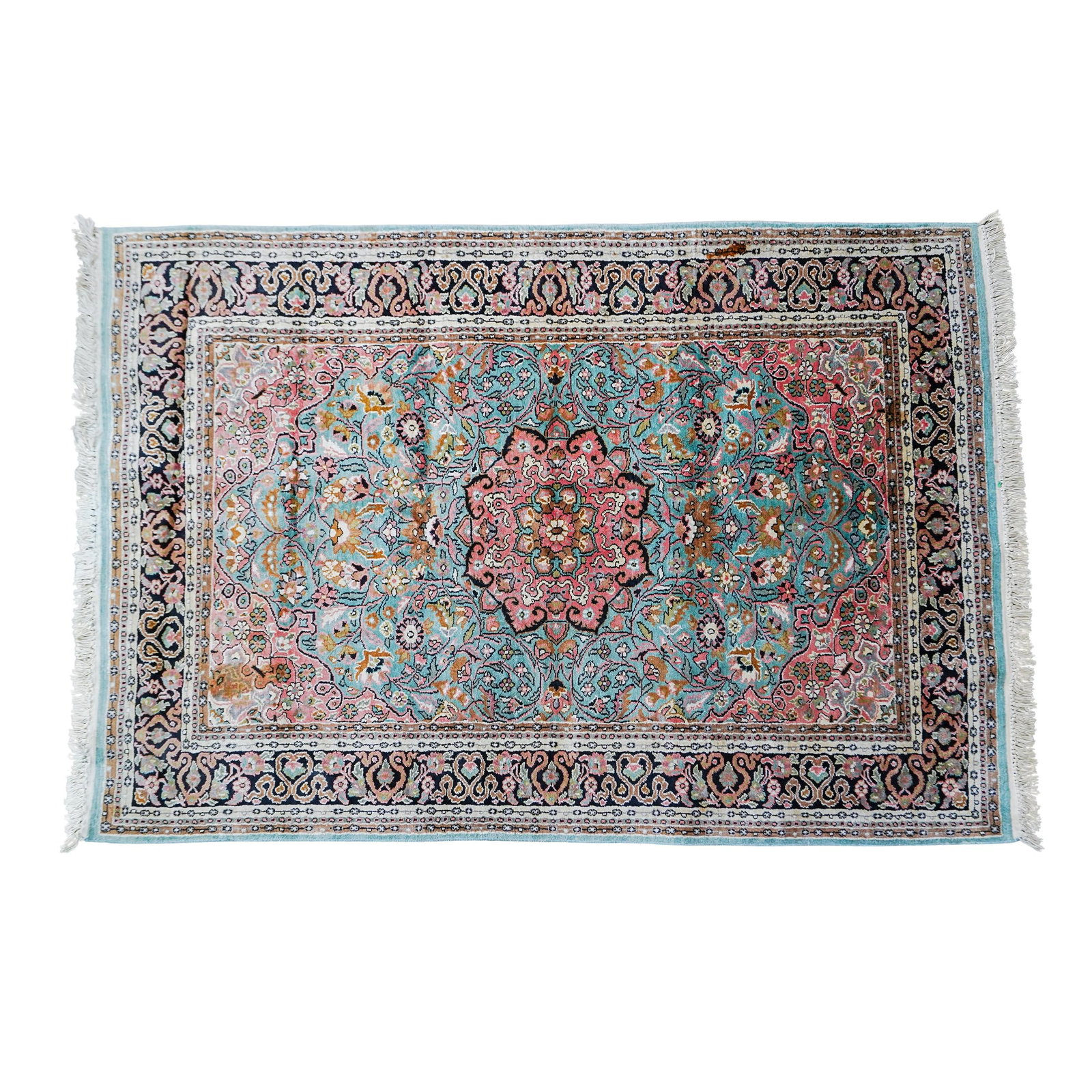 Antique Oriental Wool Rug: Antique Oriental Wool Rug1970s, Middle EasternAntique Oriental wool rug with center medallion surrouned by floral patterns, completed with hand knotted fringes.Provenance:(Part of The Collection of Co