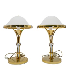 (2 Pc) Vintage Art Deco Revival Brass & Frosted Glass Lamps