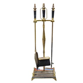 (6 Pc) Art Deco Brass and Marble Fireplace Set w/ Stand