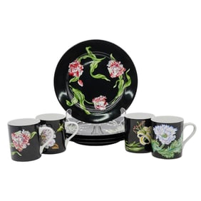 (8 Pc) Tiffany & Co. "Mrs Delany's Flowers" Mugs & Plates Porcelain Set
