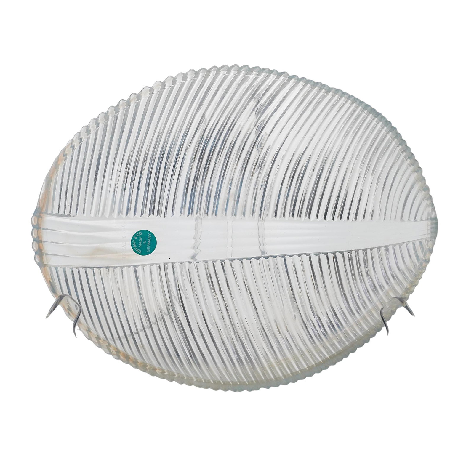 Tiffany & Co. Opalescent Glass Leaf Dish: Tiffany & Co. Opalescent Glass Leaf Dish Mid to Late 20th c., Germany Vintage glass dish with a ridged texture on the outside and smooth surface. It is marked "Tiffany & Co." and has a sticker that sa