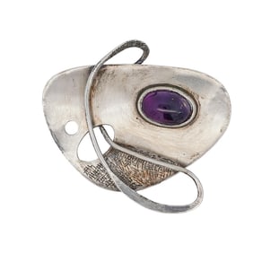 Signed Modernist Sterling Silver and Amethyst Brooch