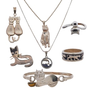 (7 Pcs) Sterling Silver Cats and Dolphin Jewelry Collection