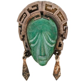 Mexican Sterling Silver and Green Onyx Mayan Head Pendant