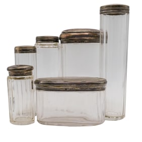 (6 Pc) English Sterling Silver and Glass Dresser Set