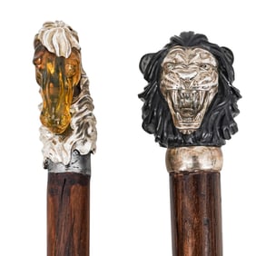 (2 Pc) Sterling Silver Animal Head Handles Walking Canes