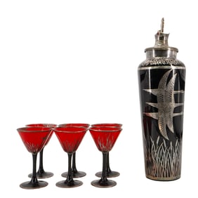 (7 Pc) Art Deco Rockwell Silver Co. Sterling Silver Overlay Decanter Glass Set