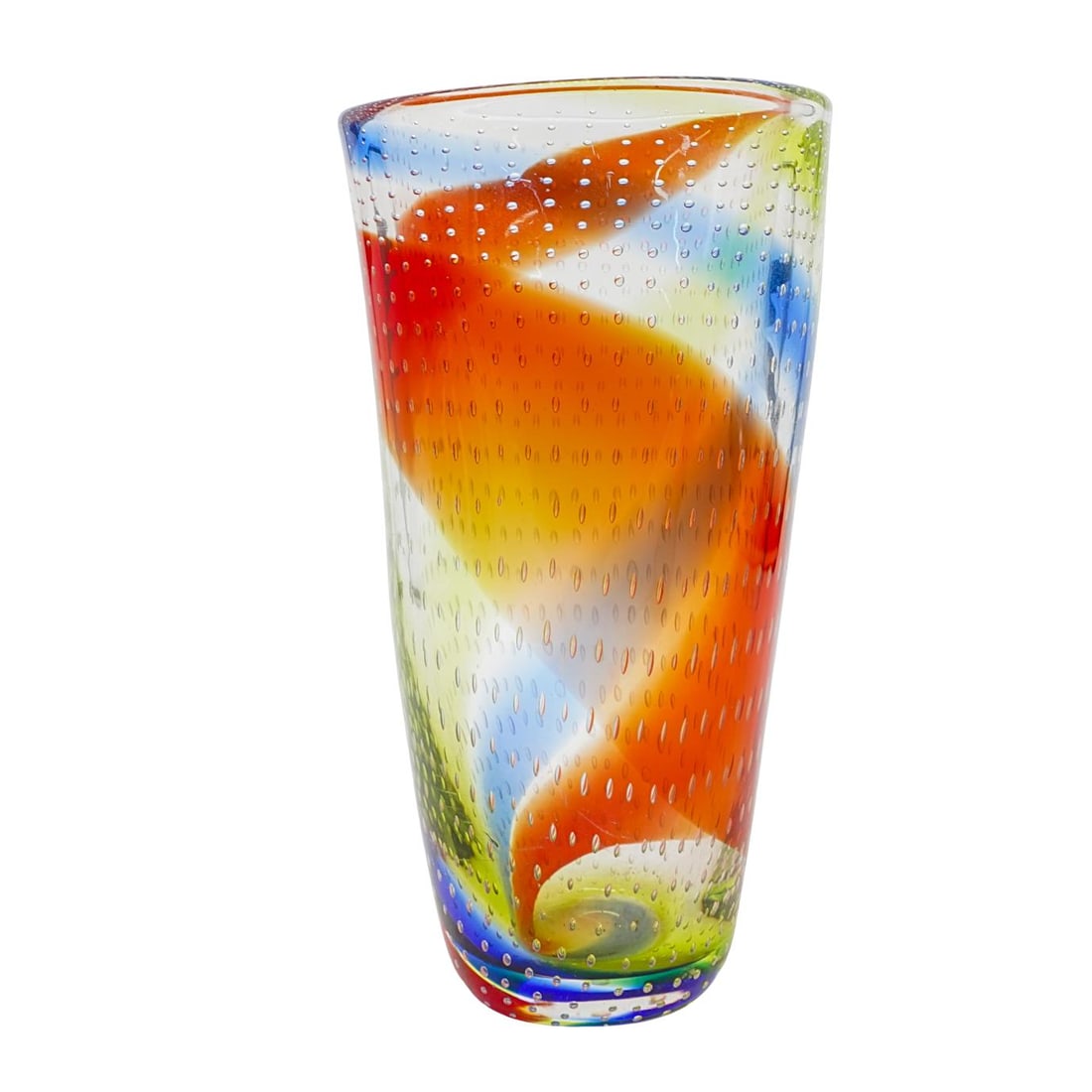 Murano Art Glass Bubble Vase: Murano Art Glass Bubble Vase 20th century, Italy A Murano art glass vase created with the Bullicante technique. It features a vibrant, multicolored rainbow design, with a square-shaped top that tapers