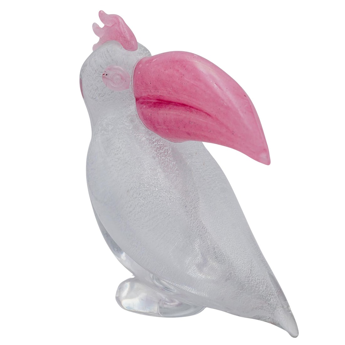 Murano Glass Pink Toucan: Murano Glass Pink Toucan 20th c., Continental Heavy glass bird with a clear bullicante body and pink beak, eyes, and crest. 8.25"H x 8"L x 4"W