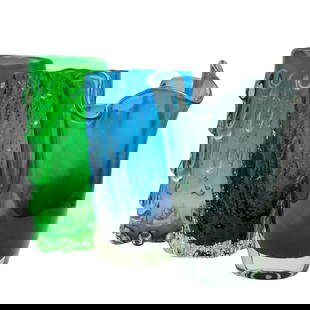 (3 Pcs) Art Glass Vases: (3 Pcs) Art Glass Vases20th century, ContinentalBlue VaseRhombus-shaped with a textured surface and a gradient from dark to lighter blue, running from the base to the top. H: 8 1/4" W: 4 5/8"Green Vas